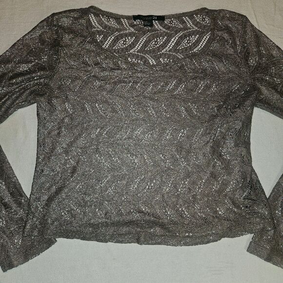 Forever 21 S Cropped Long Sleeve Lace Blouse Metallic Silver Goth Grunge Sheer - Picture 2 of 8